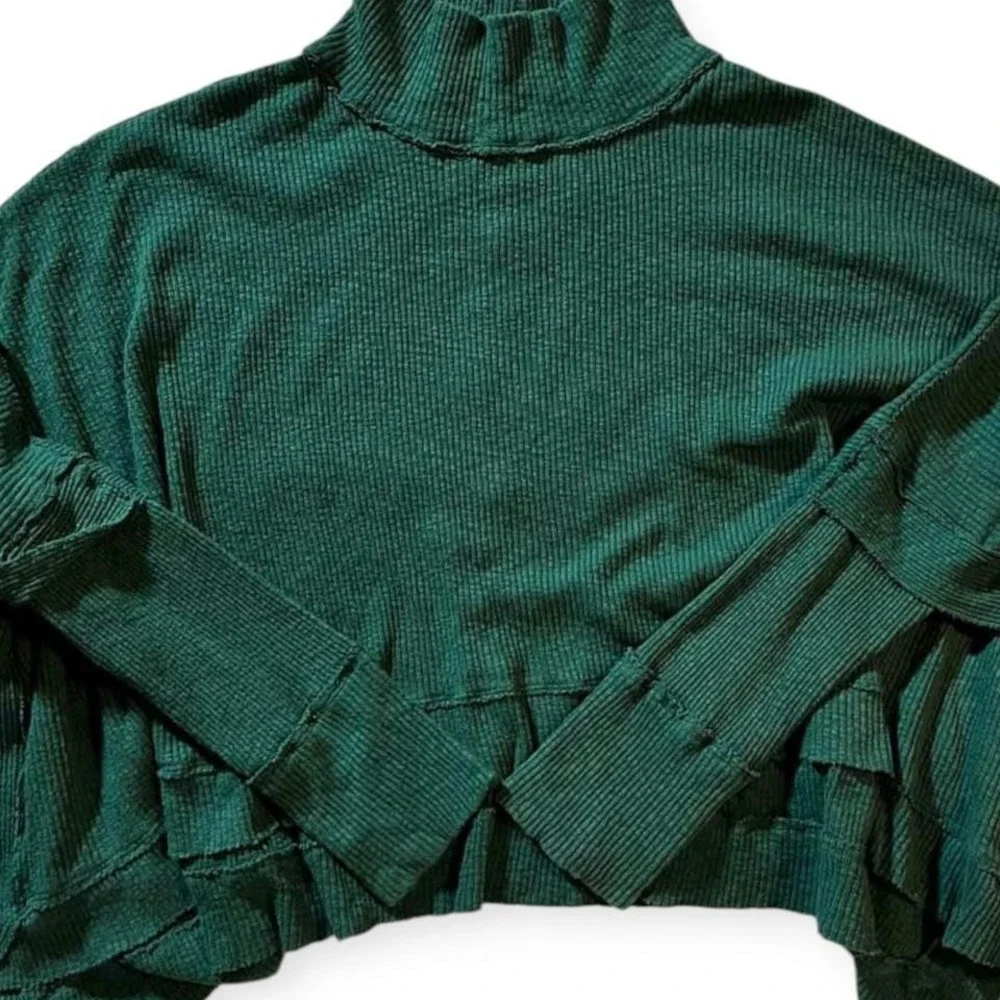 Free People Green cropped turtleneck sweater with ruffle detai